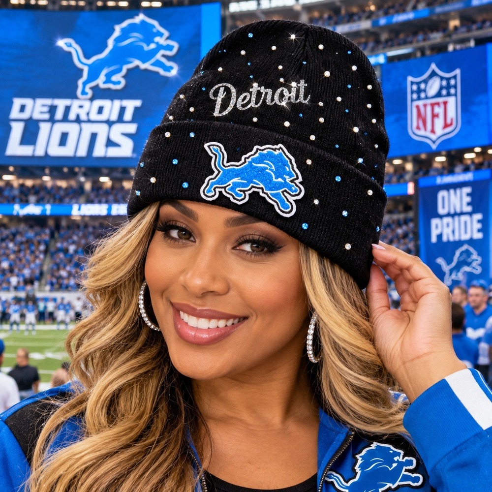 Detroit Lions Rhinestone Beanie Black NFL Team Logo Crystal Knit Cuffed Hat